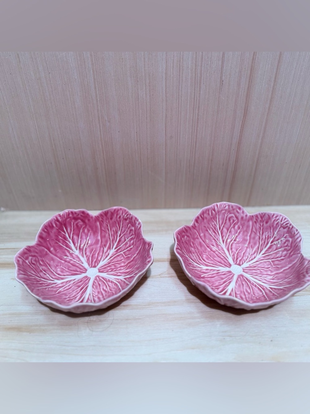 Bordallo Pinheiro Rare Pink Ceramic Cabbage Leaf Dishes - Set of 2 4.75 “